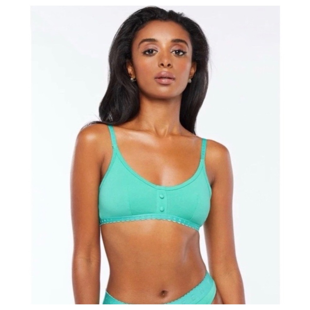 Savage X Fenty Women Teal Green Cotton Henley Bralette Logo Elastic XL